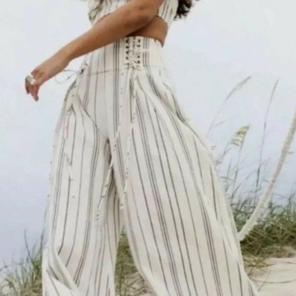 Free People Pants - FREE PEOPLE One Bette Stripe High Waist Wide Leg Pants Flared Lace Up Size 4